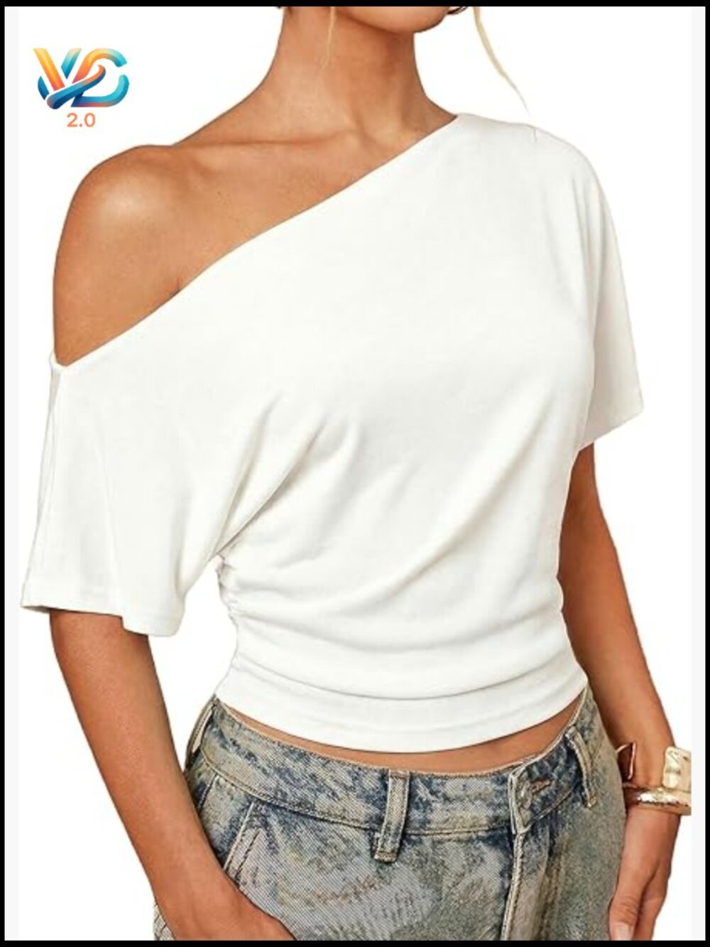 Off The Shoulder Crop Top Ruched Dolman Short Sleeve Asymmetrical Y2K Going Out